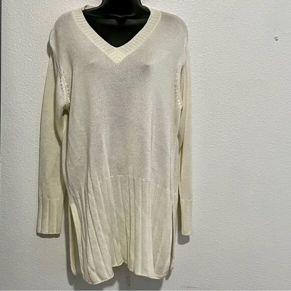 Vtg 80s 90s Spiegel Oversized V Neck Ivory Split Hem Ribbed Shine Sweater M - Picture 1 of 10